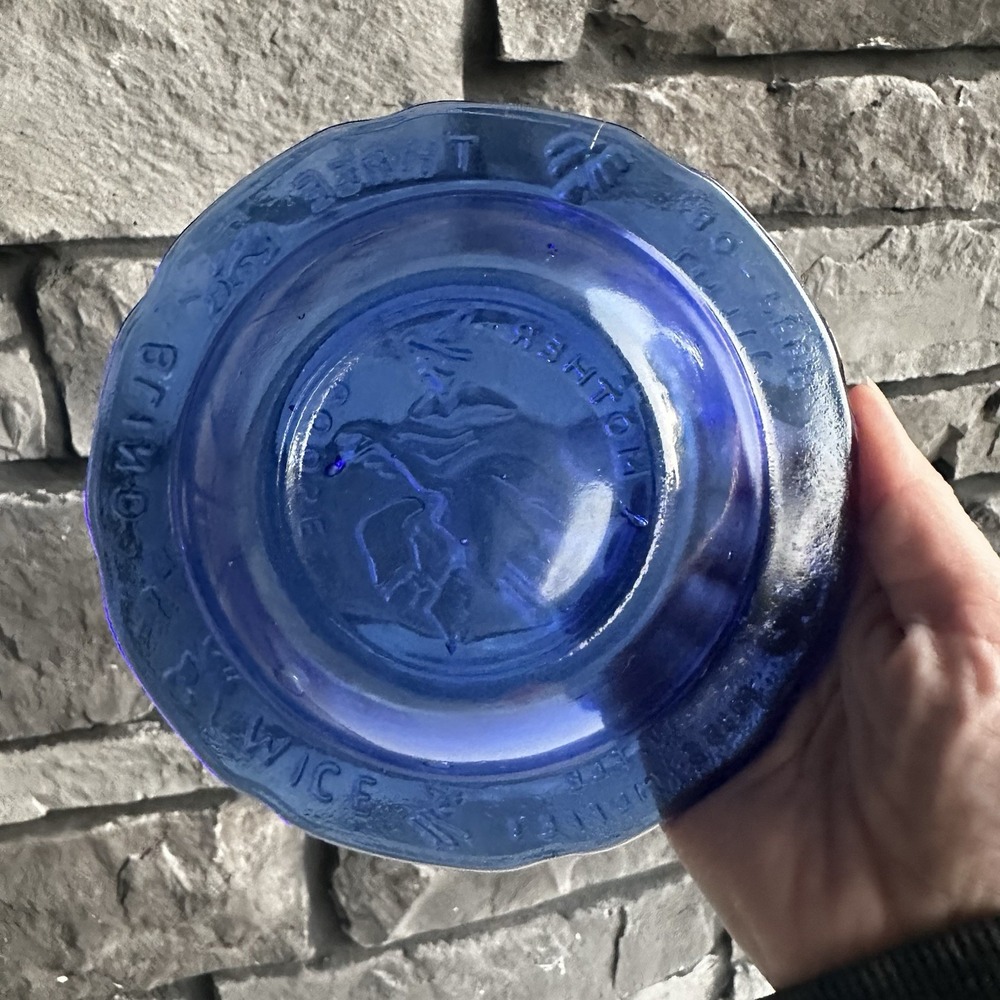 Vintage Tiara Child's Mother Goose Nursery Rhyme Cobalt Blue Glass Bowl 6.25"